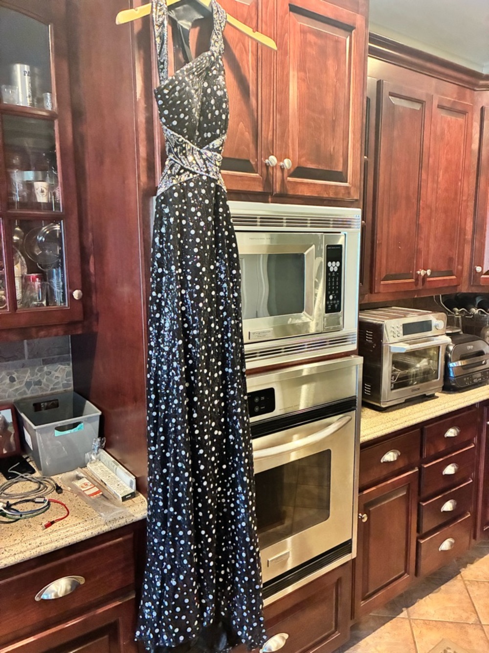 Black Halter Polka Dot Evening Gown with Silver Accents